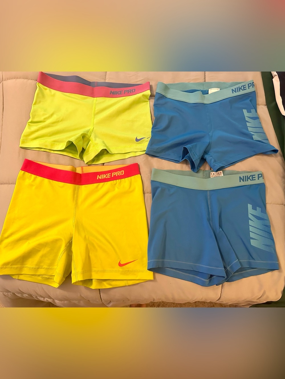 Nike Pro Women’s Athletic Shorts - Yellow, Neon Yellow, Teal, Blue
